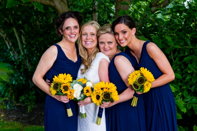 sunflower bouquet navy dress wedding bridesmaids